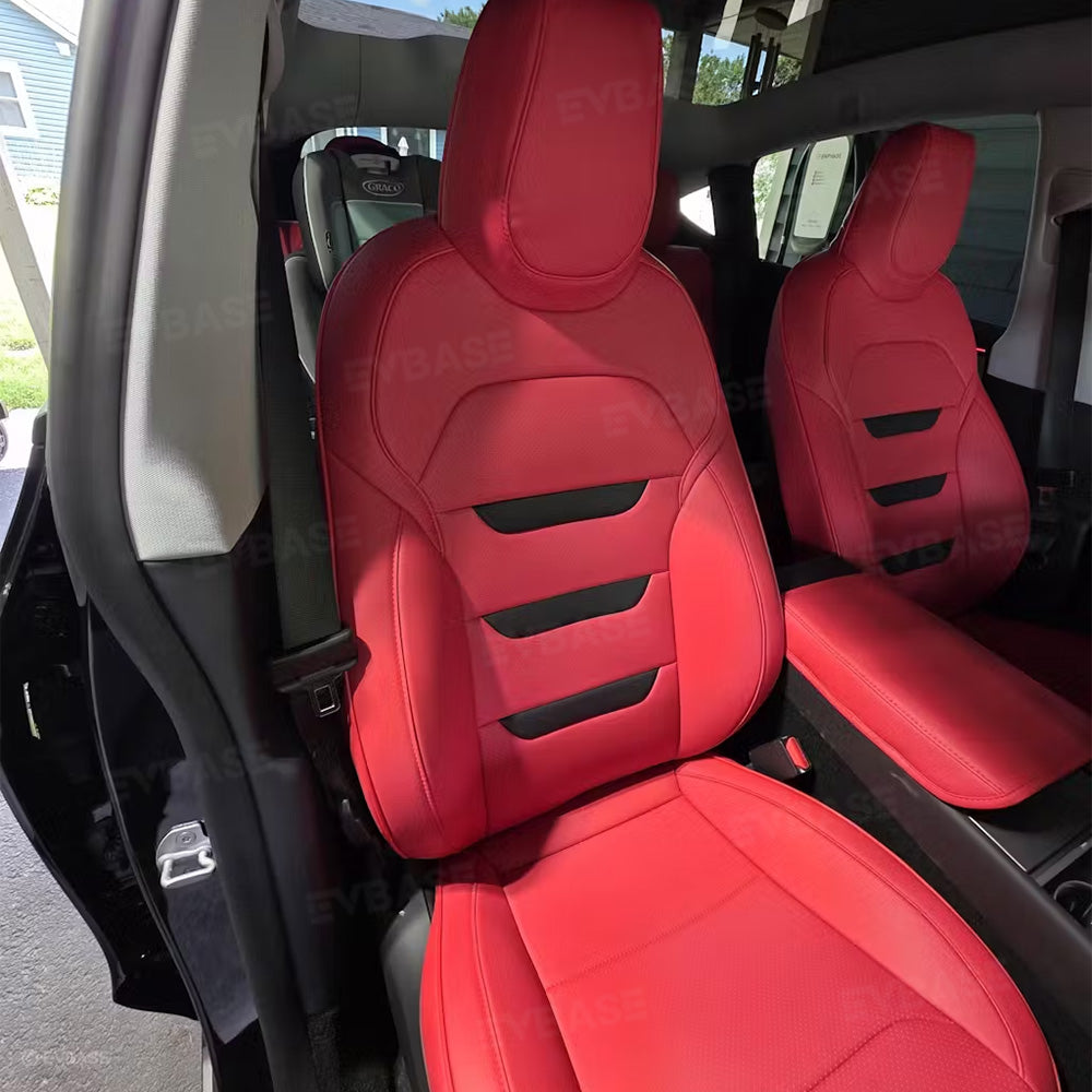 EVBASE Leather Seat Cover For Tesla Model Y Juniper Red Leather & Black Suede Full Coverage Seat Protector