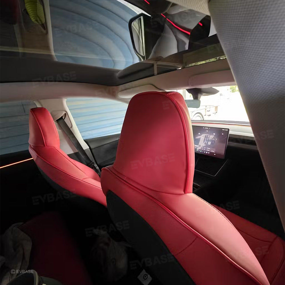 EVBASE Leather Seat Cover For Tesla Model Y Juniper Red Leather & Black Suede Full Coverage Seat Protector