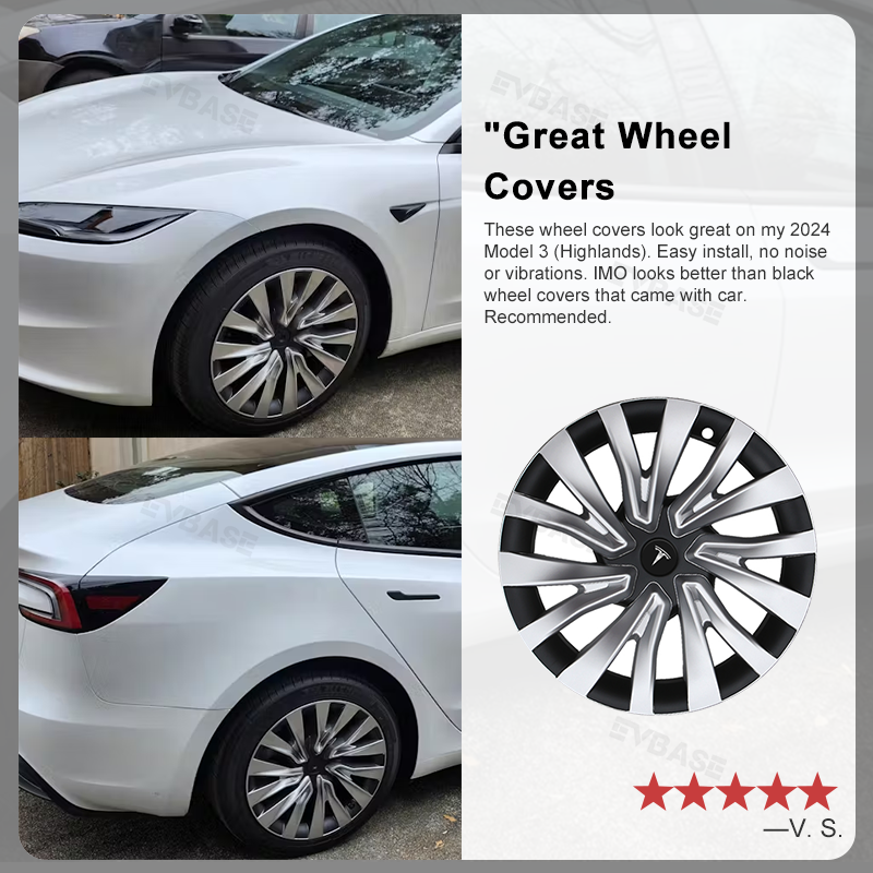 Tesla Model 3 Highland Wheel Covers 18 Inch Hubcaps Sport Wheel Caps Rim Covers 4PCS Nova Style Silver & Black