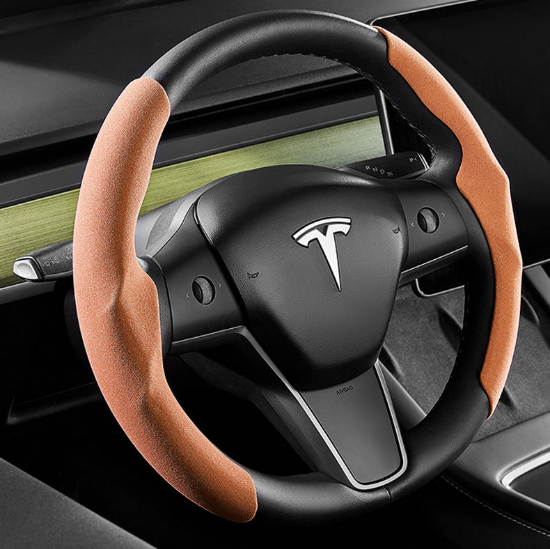 EVBASE Tesla Steering Wheel Cover Suede Alcantara Material Custom For Model 3 Y (2017-2024 Year)