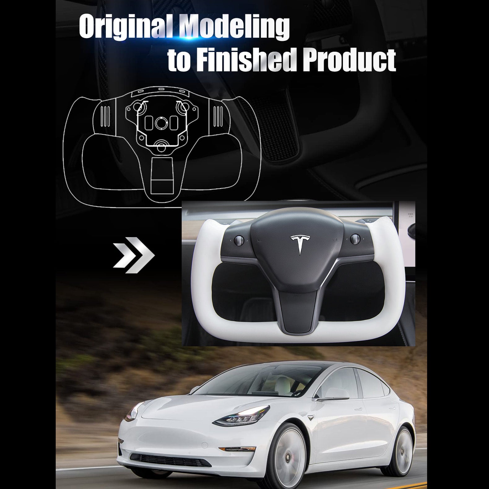EVBASE Model 3 Y Yoke Steering Wheel Replacement Nappa White For Tesla