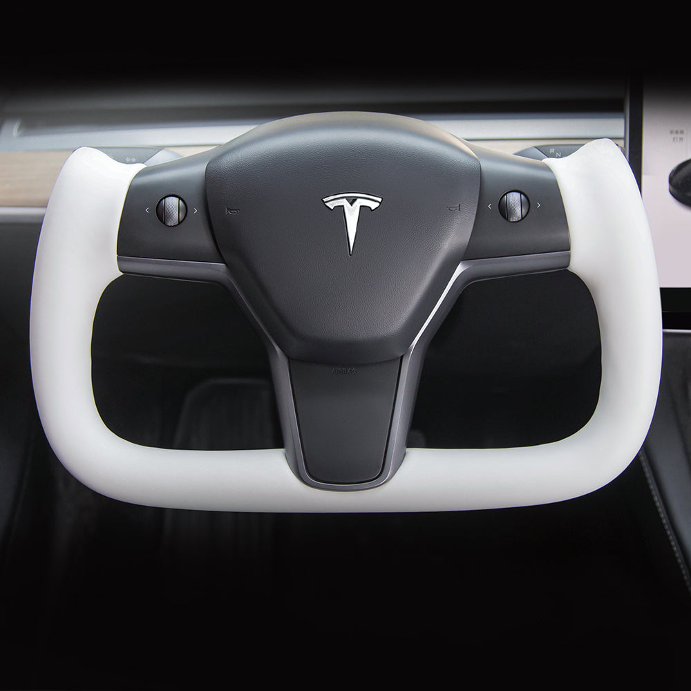 EVBASE Model 3 Y Yoke Steering Wheel Replacement Nappa White For Tesla