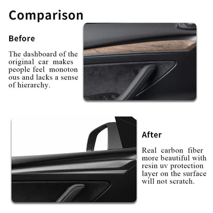 EVBASE Real Carbon Fiber Interior Front Door Trim Cover For Tesla Model 3 Y